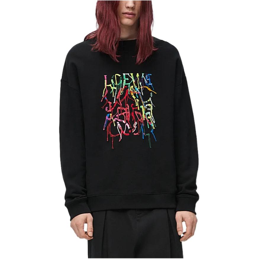 Lookbook ロエベ SS24 ブラック クルーネック スウェットシャツ ロゴプリント入り. H526Y24X45-1489