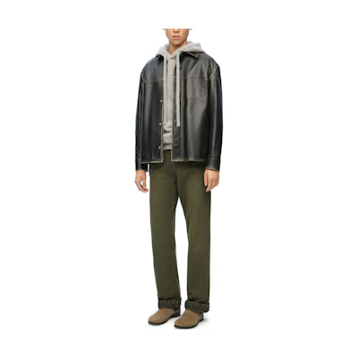 LOEWE SS24 Black Distressed Logo Embossed Leather Jacket. H526Y34L07-1100