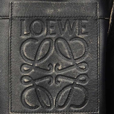 LOEWE SS24 Black Distressed Logo Embossed Leather Jacket. H526Y34L07-1100 Details for LOEWE SS24 Black Distressed Logo Embossed Leather Jacket. H526Y34L07-1100