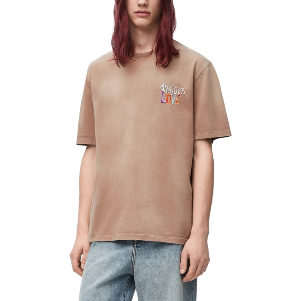 Shop LOEWE SS24 Kemeja-T Crewneck Coklat Sulaman Huruf HSM1Y22J04-3428