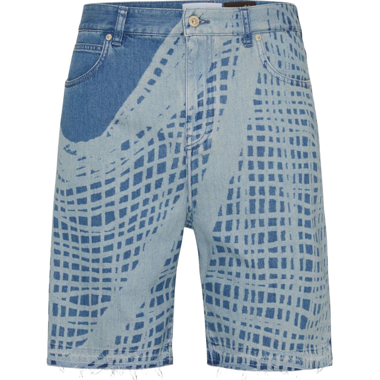 LOEWE SS24  Light Blue Distressed Fishnet Pattern Denim Shorts. H616Y11X39-5149