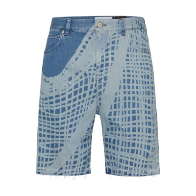LOEWE SS24 Light Blue Distressed Fishnet Pattern Denim Shorts. H616Y11X39-5149