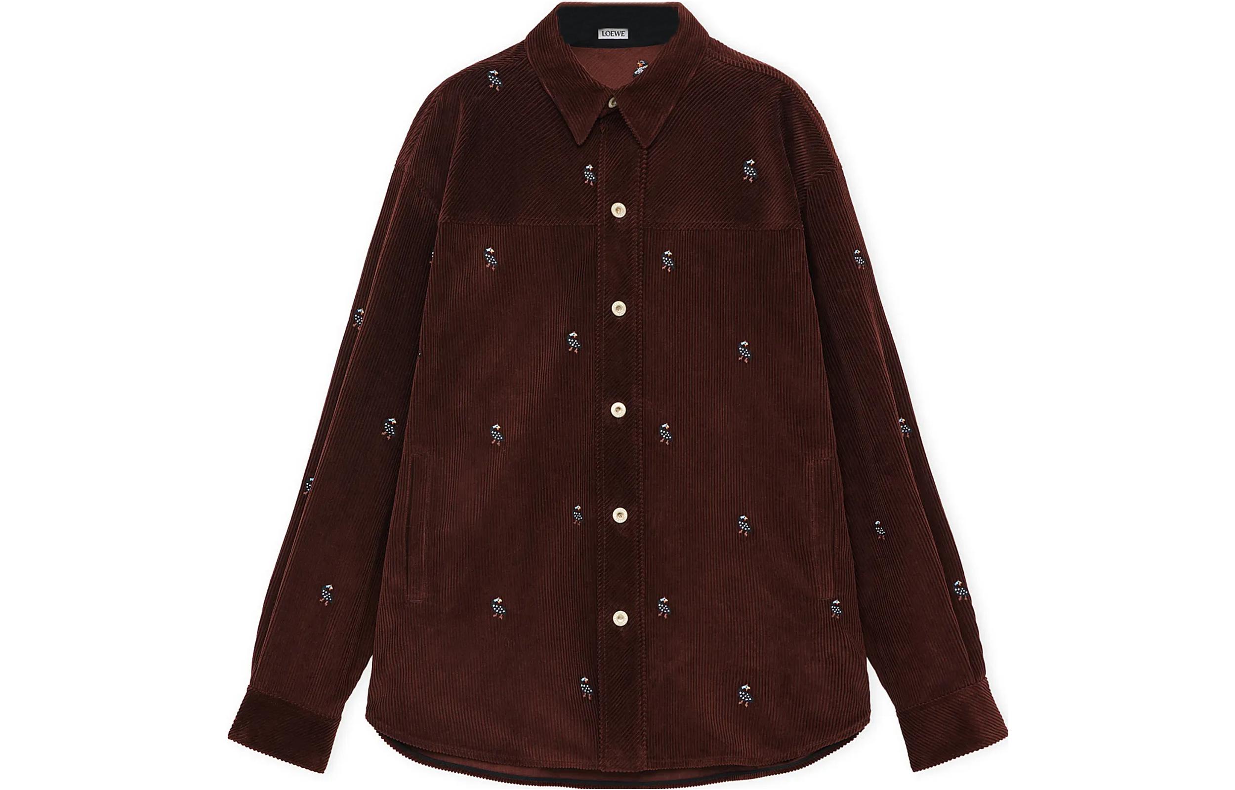 LOEWE SS24  Loose-Fit Long-Sleeve Shirt with Pearl Chicken Embroidery Cocoa Brown H526Y05WCE-3370
