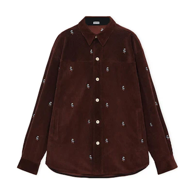LOEWE SS24 Loose-Fit Long-Sleeve Shirt with Pearl Chicken Embroidery Cocoa Brown H526Y05WCE-3370