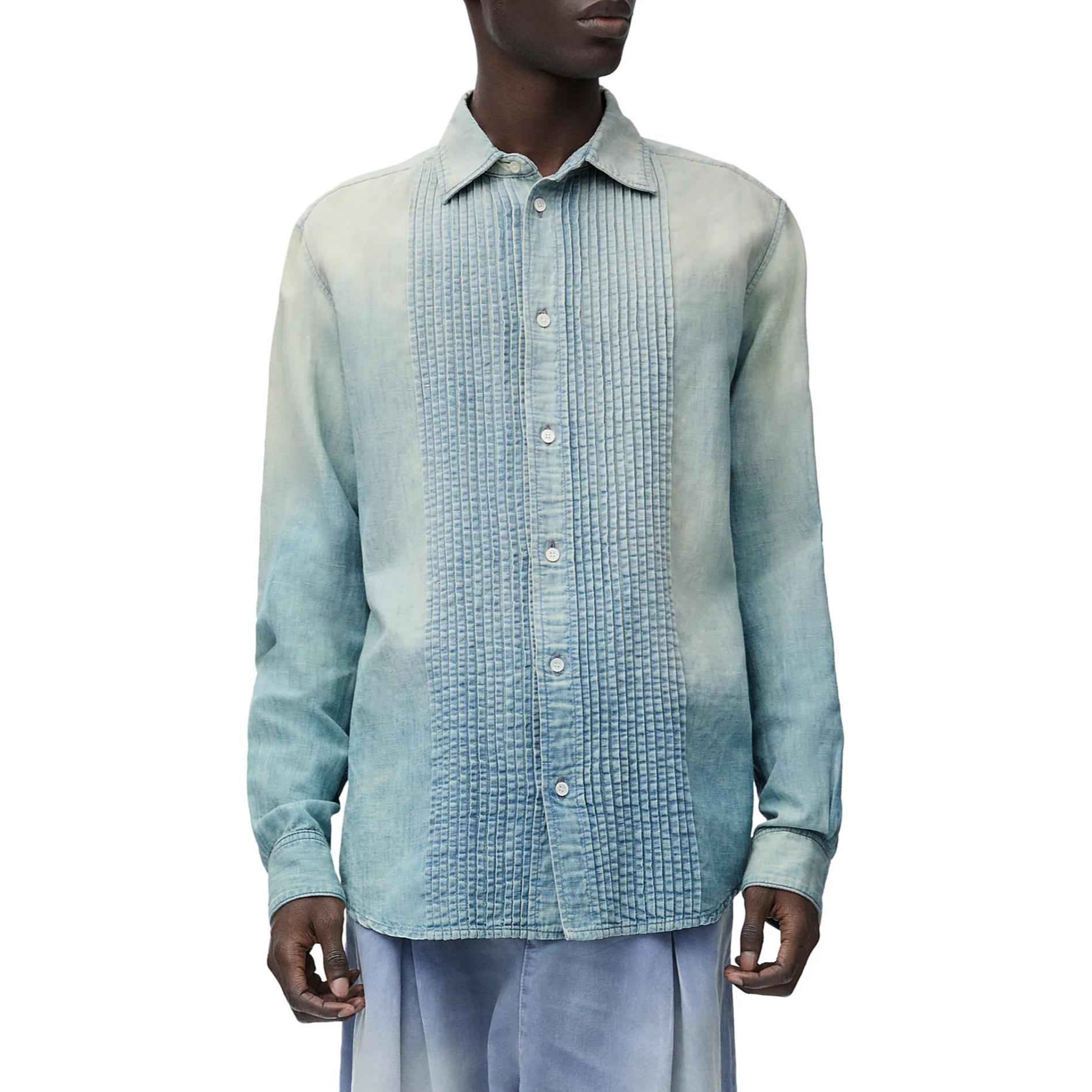 Shop 로에베 스트라이프 데님 롱슬리브 셔츠 블리치드 인디고 블루 - 캐주얼 핏 H526Y1DW03-5825