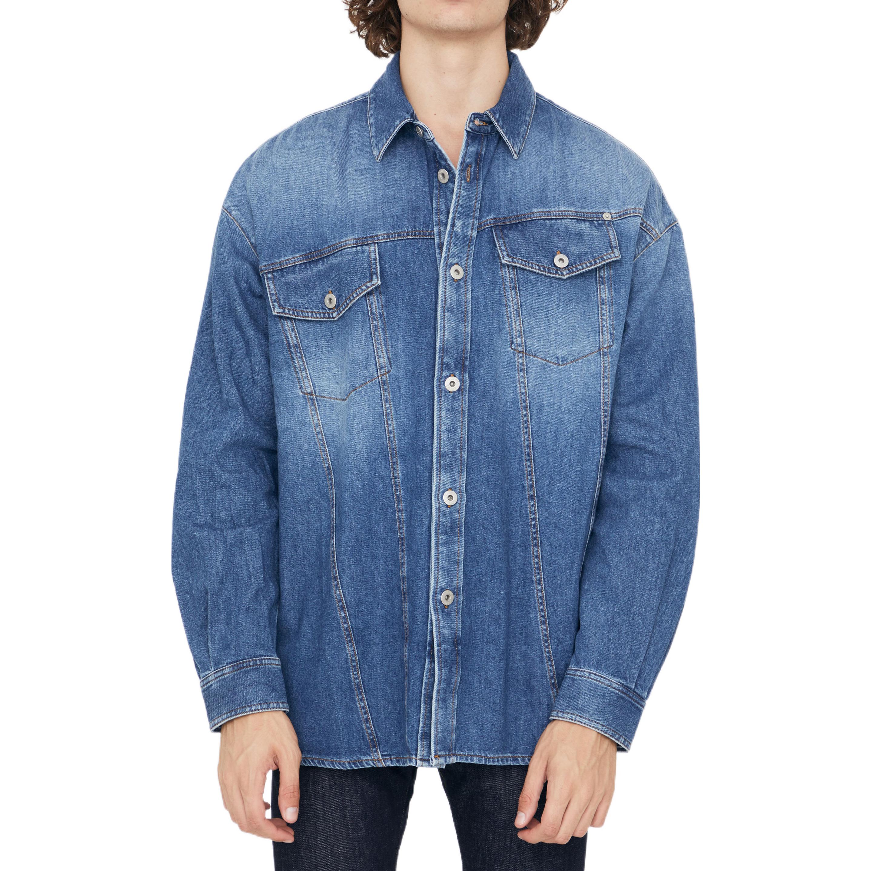 Shop ロエベ ウォッシュデニム ボタンアップシャツ ブルー 長袖 カジュアルトップス FW22 H526Y05X17-5380