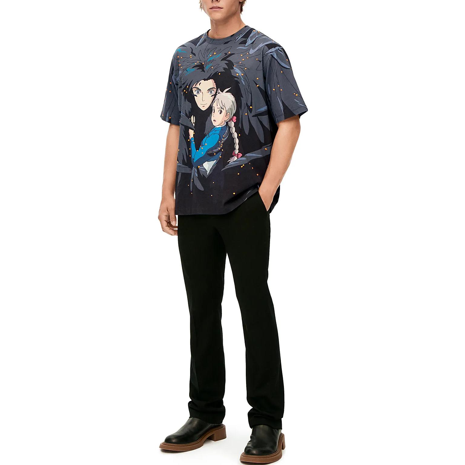 Shop LOEWE x Howl's Moving Castle SS23 Navy Cotton Cartoon Print Unisex T-Shirt. SB44Y22X16-5110