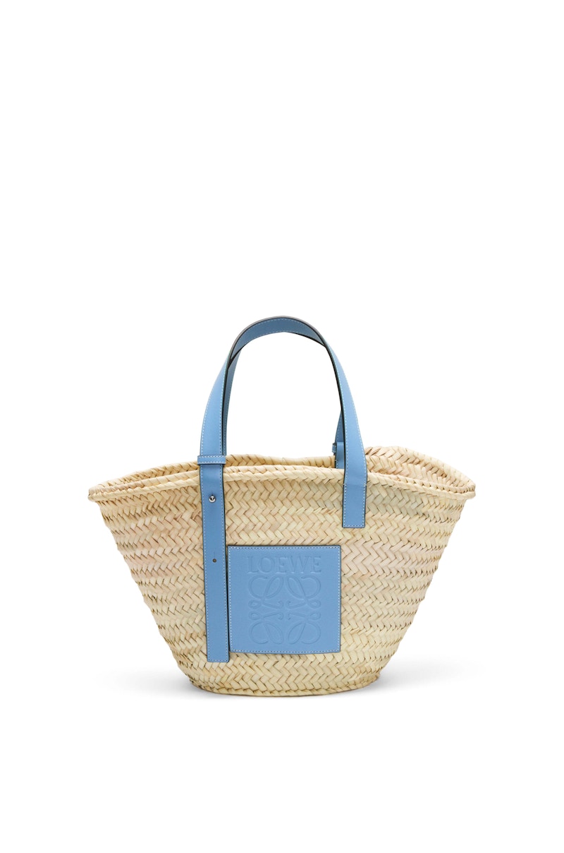 LOEWE x Howls Basket Bag In Palm Leaf And Calfskin Light Blue