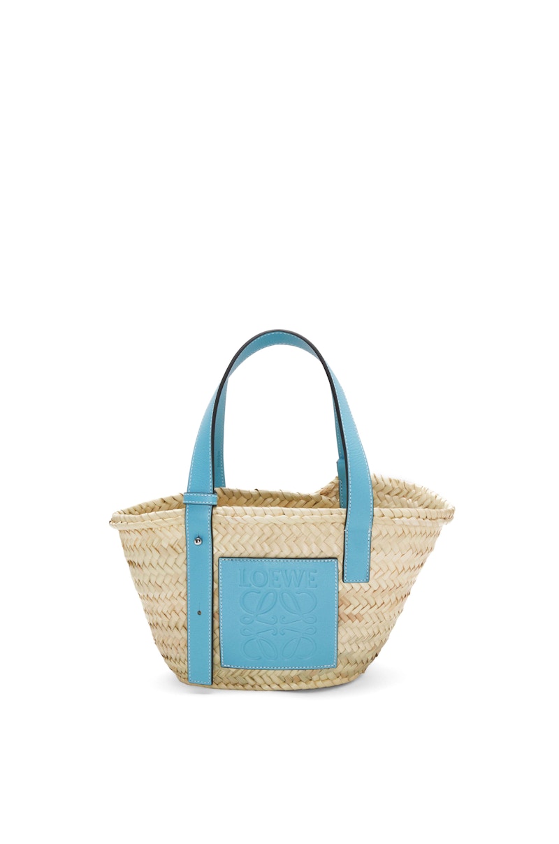 LOEWE x Howls Small Basket Bag In Palm Leaf And Calfskin Light Blue