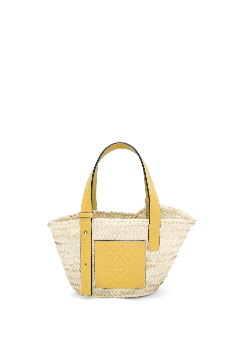 LOEWE x Howls Small Basket Bag In Palm Leaf And Calfskin Yellow
