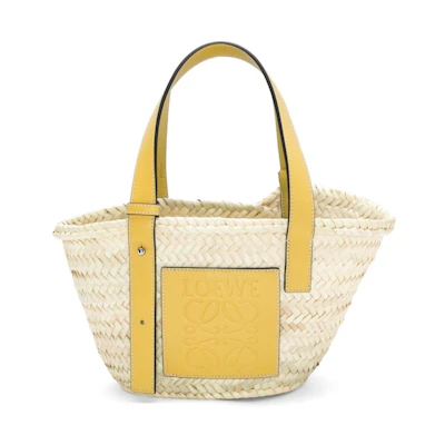 LOEWE x Howls Small Basket Bag In Palm Leaf And Calfskin Yellow