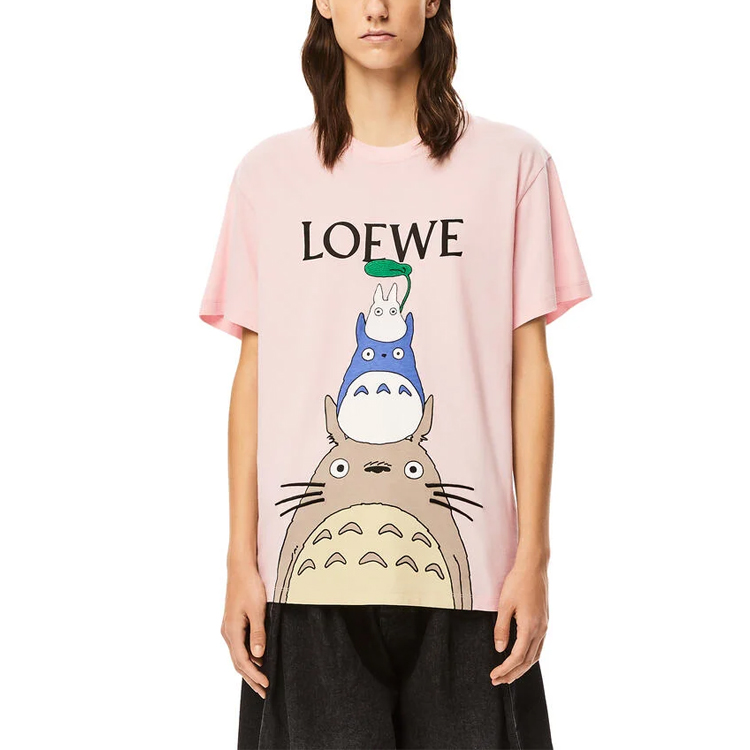 Shop 로에베 x 토토로 SS21 핑크 립 크루넥 티셔츠 유니섹스 스페셜 콜라보레이션 S848Y22X02-7140