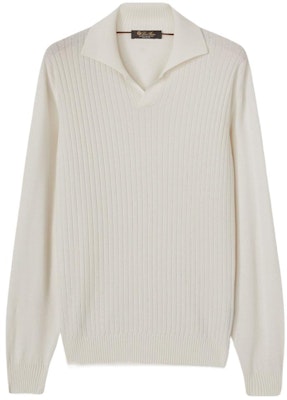 ロロピアーナ ホワイトニット長袖ポロシャツ 無地デザイン FAM3898-1000 Buy ロロピアーナ ホワイトニット長袖ポロシャツ 無地デザイン FAM3898-1000