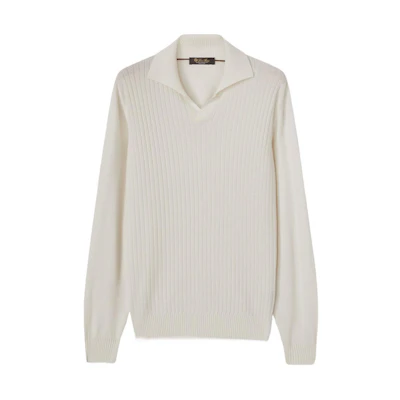 Loro Piana White Knit Long-Sleeve Polo Shirt in Solid Color. FAM3898-1000