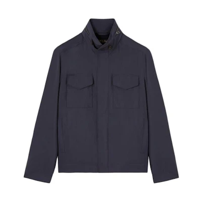 Loro Piana Men’s Navy Blue Traveller Bomber Jacket with Pockets and Stand Collar FAL5139-W000