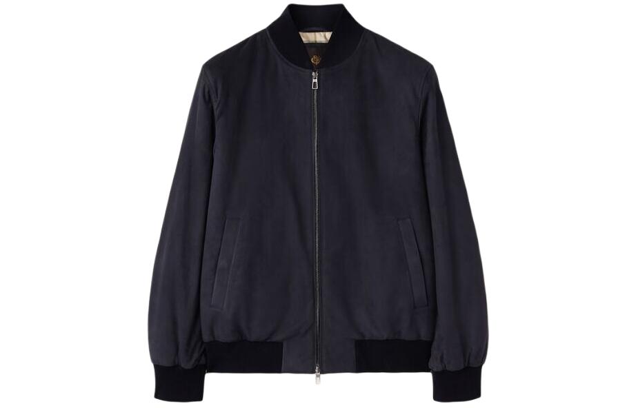 Loro Piana Navy Blue Solid Bomber Jacket with Stand Collar and Full Zip FAM4591-W000