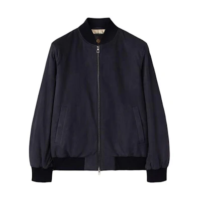 Loro Piana Navy Blue Solid Bomber Jacket with Stand Collar and Full Zip FAM4591-W000