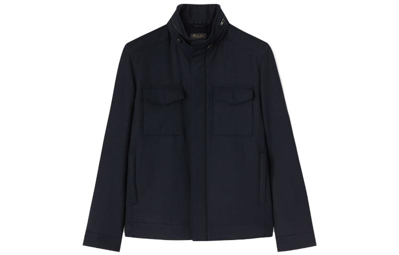 Loro Piana Navy Blue Solid Stand Collar Pilot Jacket FAM9778-W000