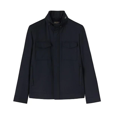 Loro Piana Navy Blue Solid Stand Collar Pilot Jacket FAM9778-W000