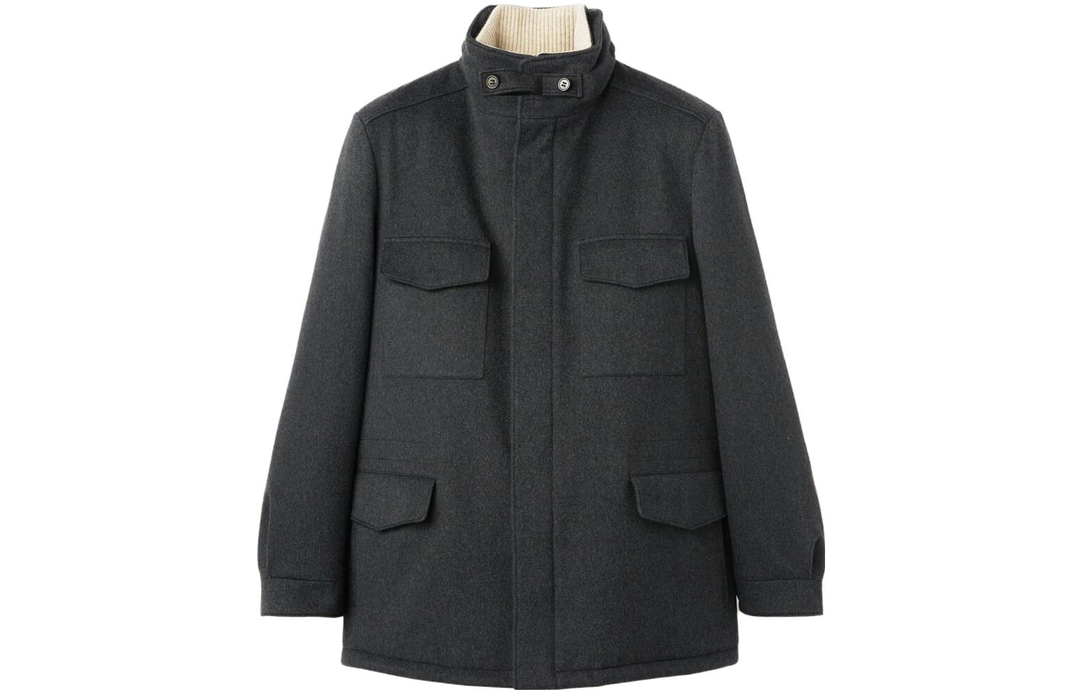 Loro Piana Solid Pocket Zip-Up Stand Collar Jacket Men’s Black Gray FAM0542-M047