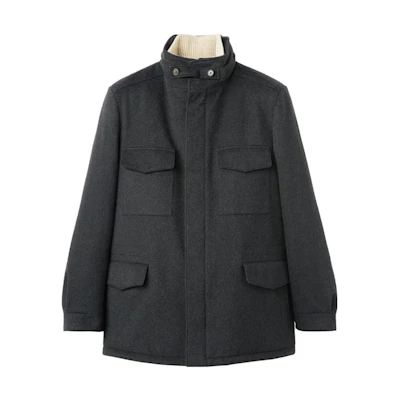 Loro Piana Solid Pocket Zip-Up Stand Collar Jacket Men’s Black Gray FAM0542-M047