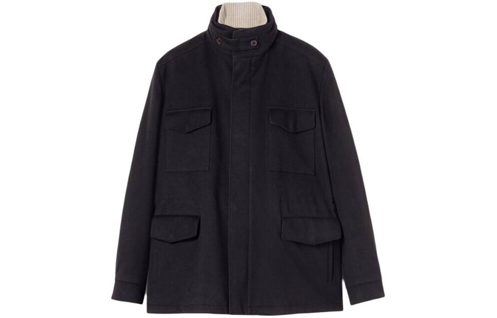 Loro Piana Traveller Jacket Black Solid Flap Pocket Stand Collar Coat FAI3695-W000