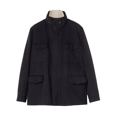 Loro Piana Traveller Jacket Black Solid Flap Pocket Stand Collar Coat FAI3695-W000