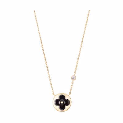 LOUIS VUITTON 18K Gold Diamond Onyx Gemstone Unisex Necklace Black Q03790