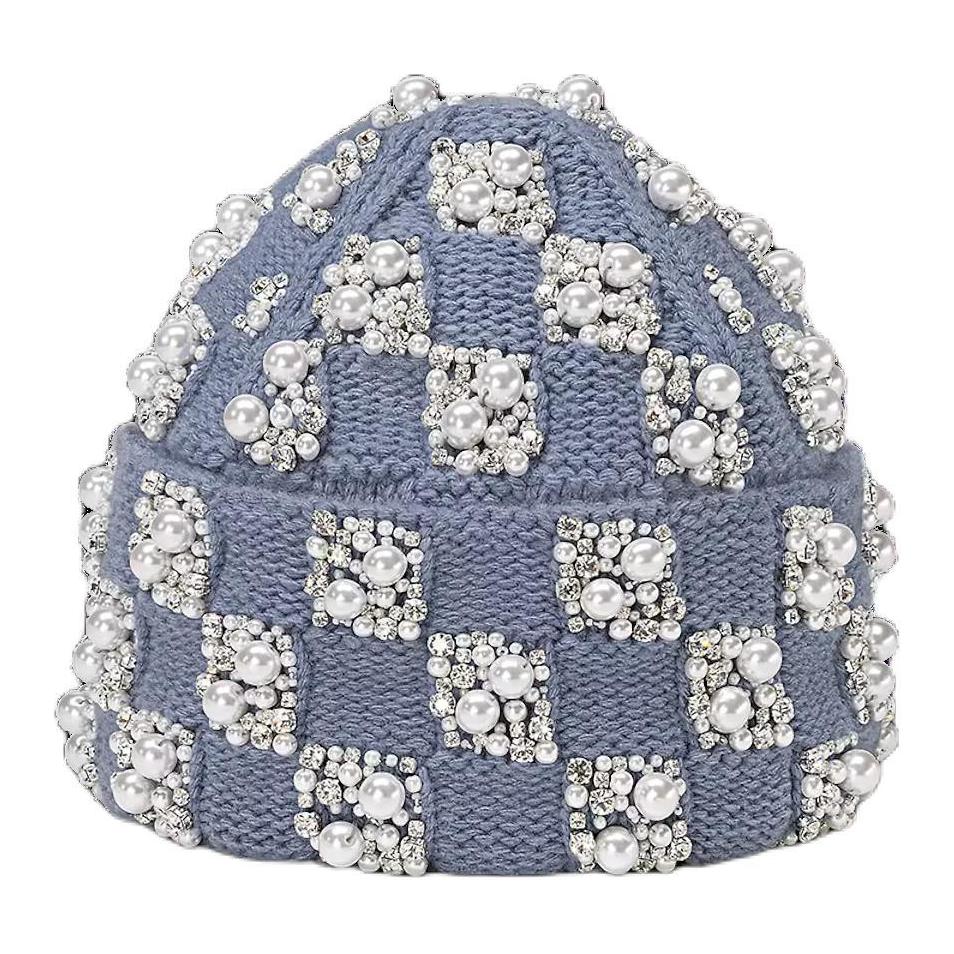 LOUIS VUITTON 2024 Early Spring  Light Blue Wool Beanie with Logo & Pearls. M7361A
