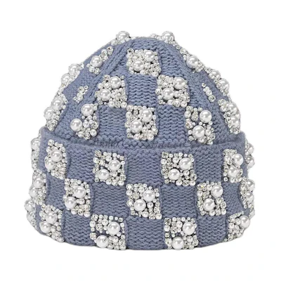 LOUIS VUITTON 2024 Early Spring Light Blue Wool Beanie with Logo & Pearls. M7361A