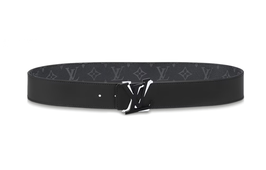 Shop 路易威登 黑色皮革腰帶 4CM 經典花紋帆布 鈀金扣 M0714
