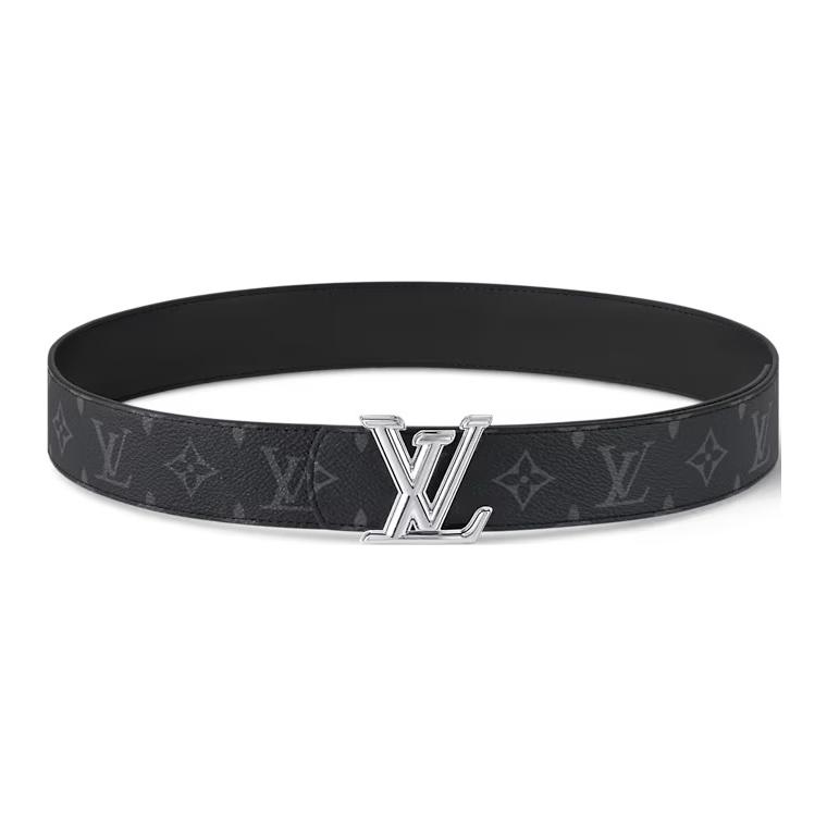 LOUIS VUITTON  Black Leather Belt with Logo Print and Metal Buckle 4CM Wide M8846T