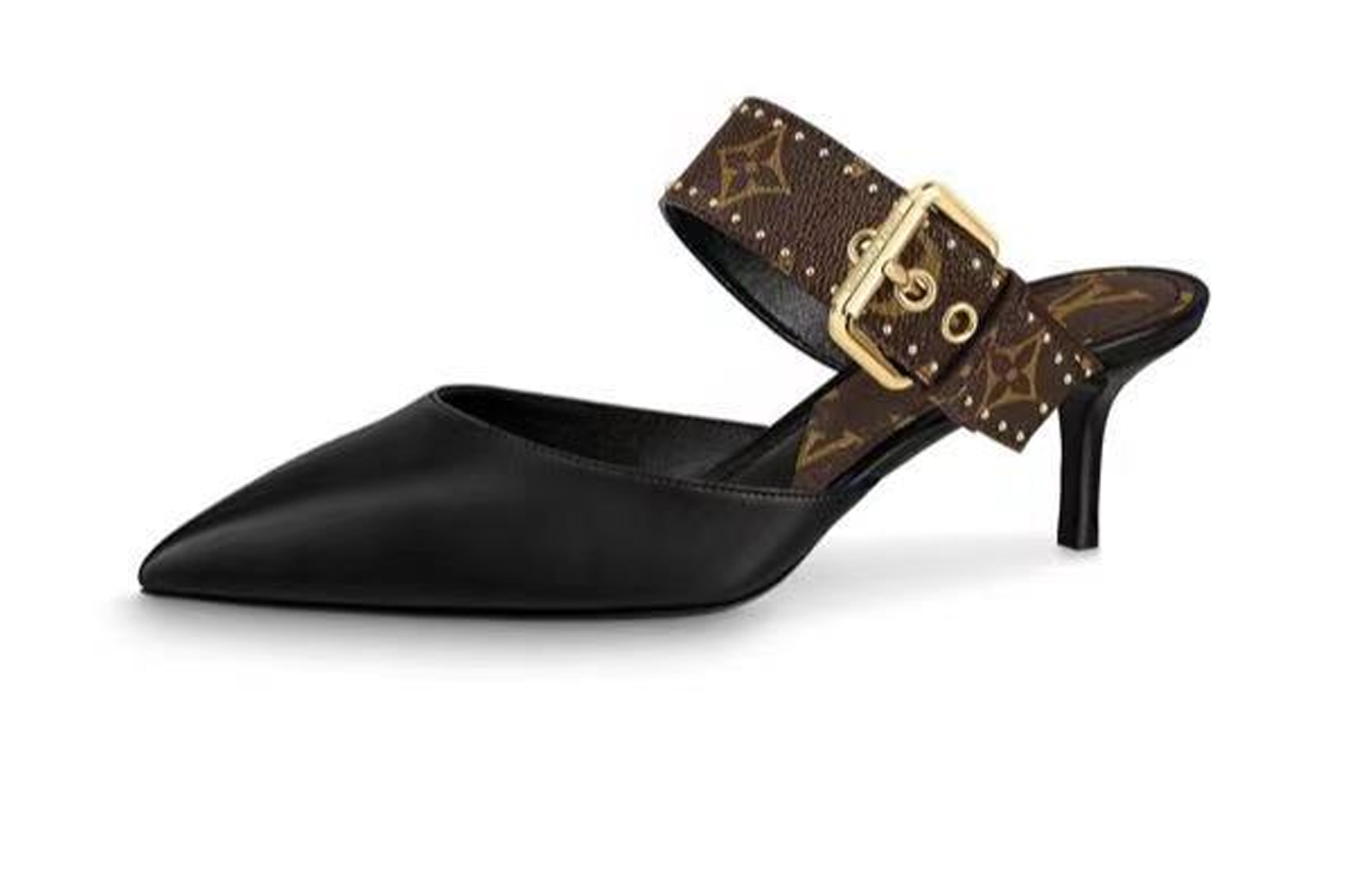 Louis Vuitton 'Classic Monogram Buckle Kitten Heel Slides' 1A8O2K