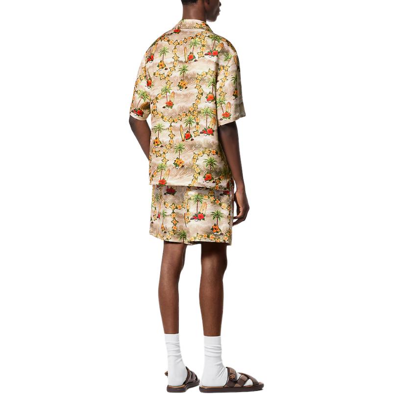 Shop LOUIS VUITTON Seluar Pendek Cetakan Bunga Pantai Elastik Pinggang Beige 1AFRK5