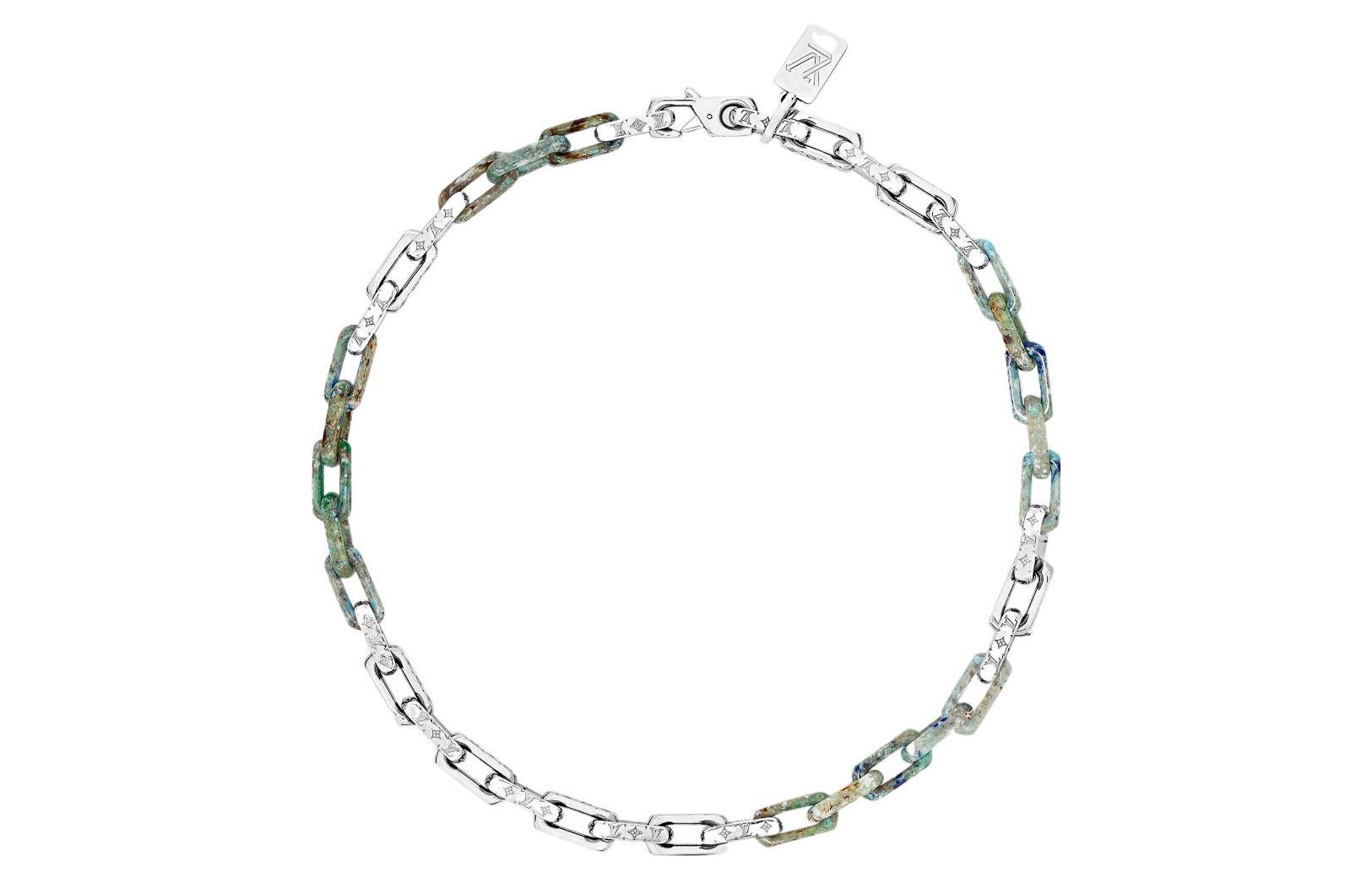 LOUIS VUITTON  Green/Silver Metal Patchwork Fashion Cuban Necklace M00732