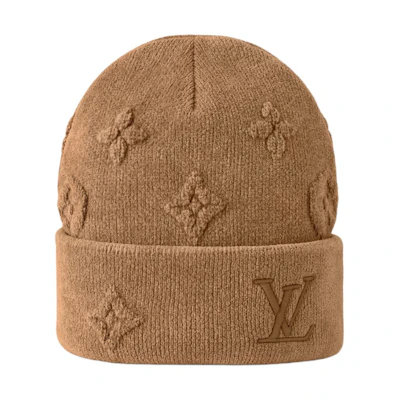 LOUIS VUITTON Logo Knitted Beanie Nylon Cotton Blend Beige. M96252