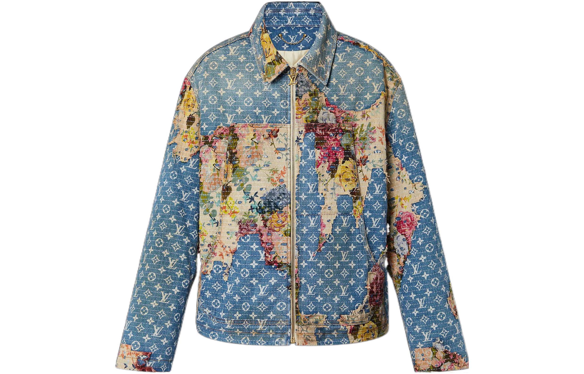 Order LOUIS VUITTON Jaket Denim Patchwork Logo Biru Lengan Panjang 1AAGQG