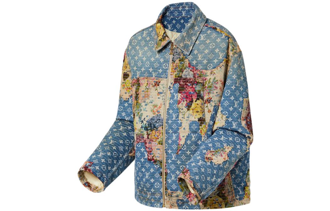 Shop LOUIS VUITTON Jaket Denim Patchwork Logo Biru Lengan Panjang 1AAGQG