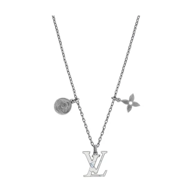 Louis Vuitton Aged Brass Logo Marble Pendant Necklace Unisex Couples Style M00317