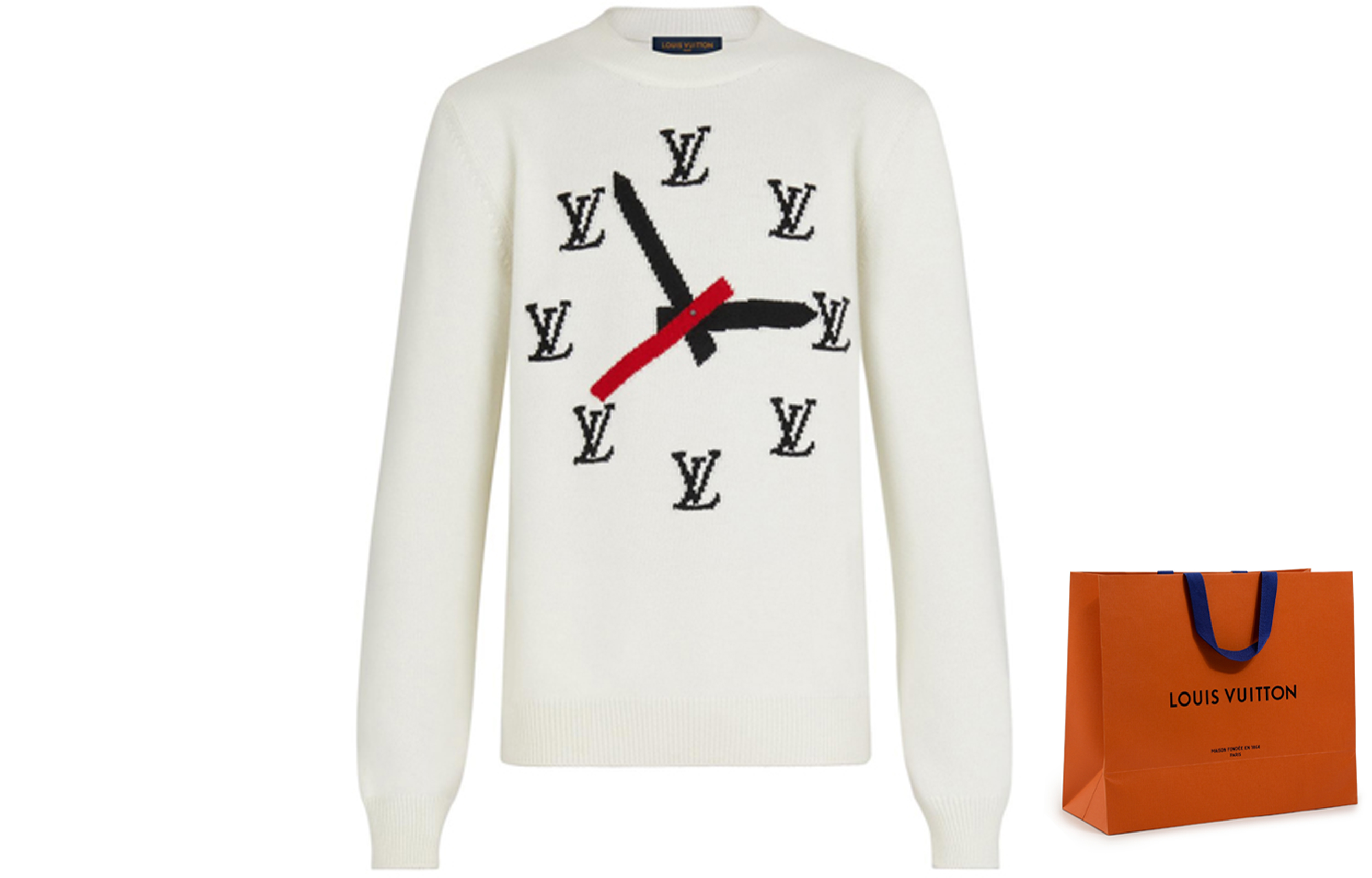Sizing Suéter de punto beige Louis Vuitton Clock Crewneck. 1A8P4C