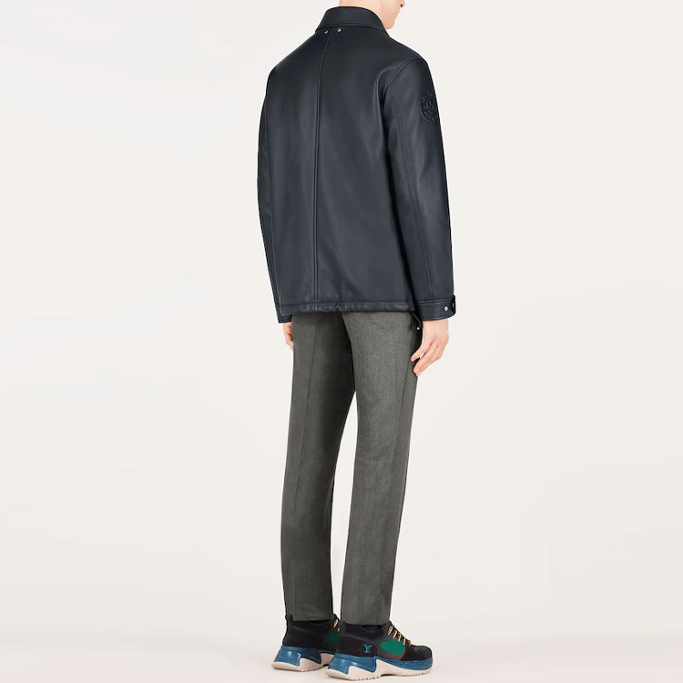 Shop LOUIS VUITTON Black Solid Logo Leather Long Sleeve Jacket 1A4PM2