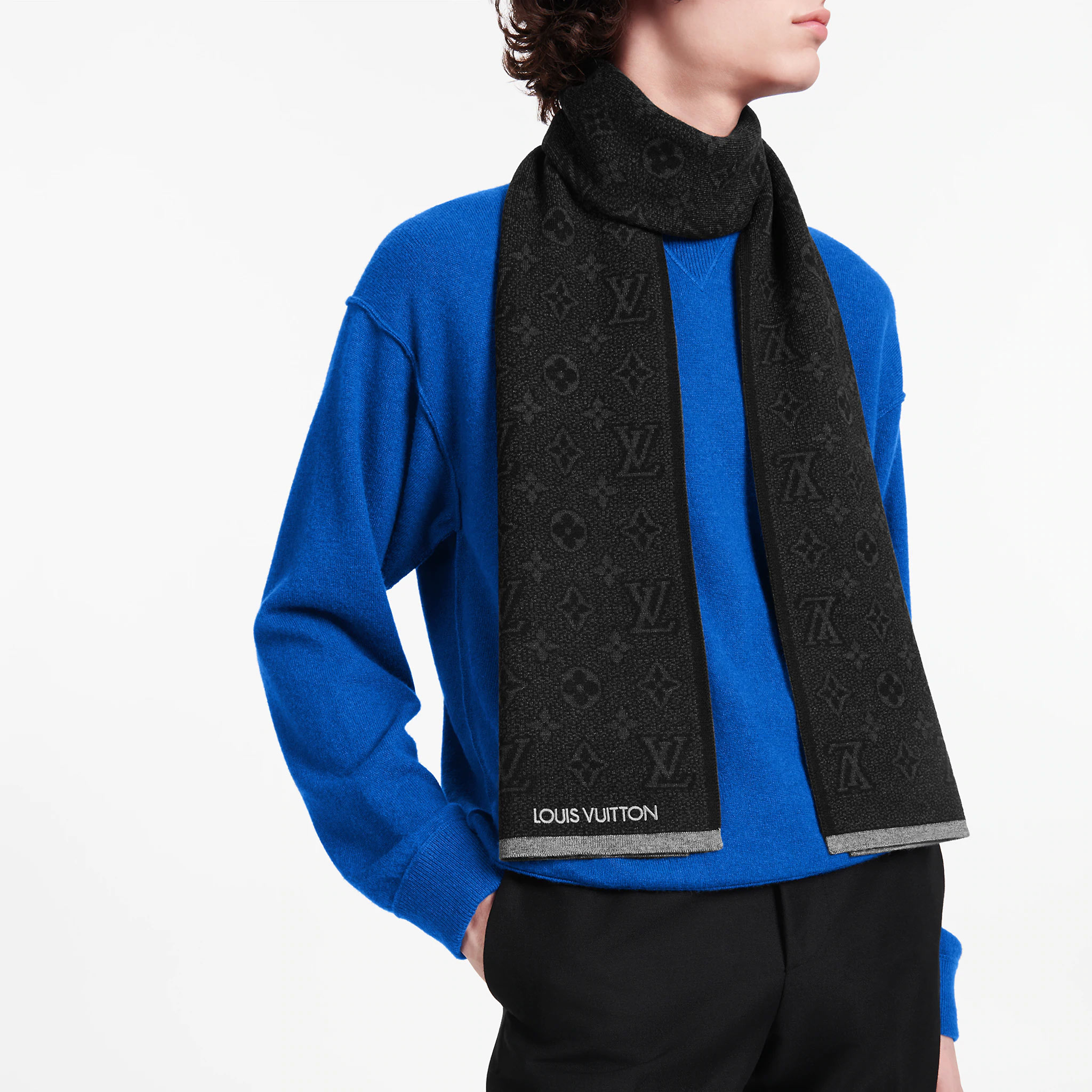 LOUIS VUITTON Black Wool Embroidered Logo Scarf for Men M73468 圖 6