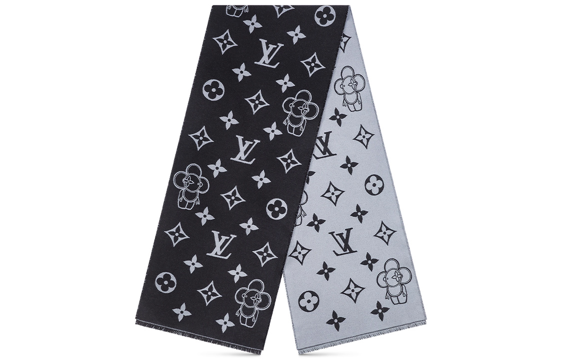 Louis Vuitton Black Wool Scarf with Tassels and Fashion Print for Men. M77973