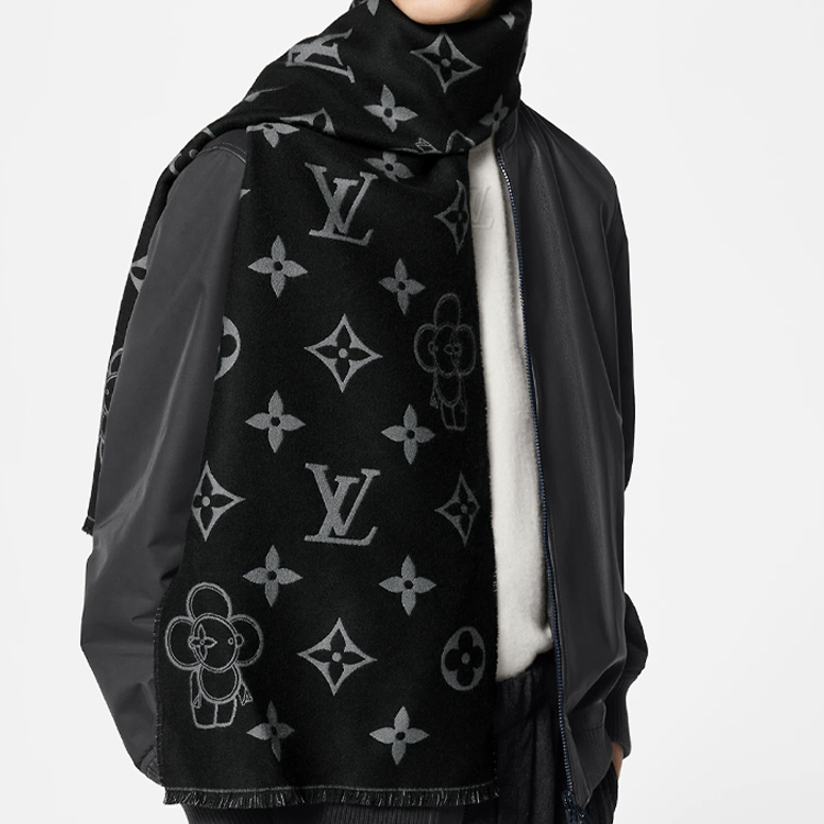 Louis Vuitton Black Wool Scarf with Tassels and Fashion Print for Men. M77973 圖 5