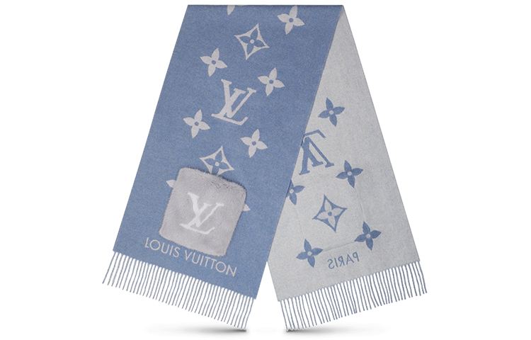 LOUIS VUITTON Blue Cold Reykjavik LV Reversible Fringe Scarf M76342