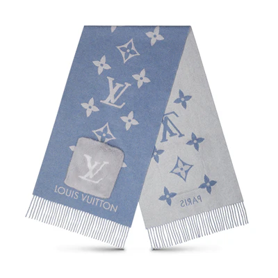 LOUIS VUITTON Blue Cold Reykjavik LV Reversible Fringe Scarf M76342