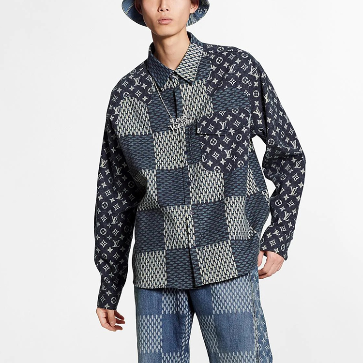 Sizing Camisa de Manga Larga con Botones y Parche Logo Azul LOUIS VUITTON 1A7X96