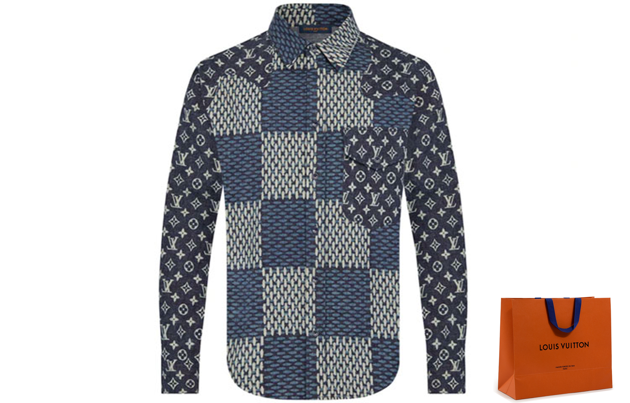 Cheap Camisa de Manga Larga con Botones y Parche Logo Azul LOUIS VUITTON 1A7X96
