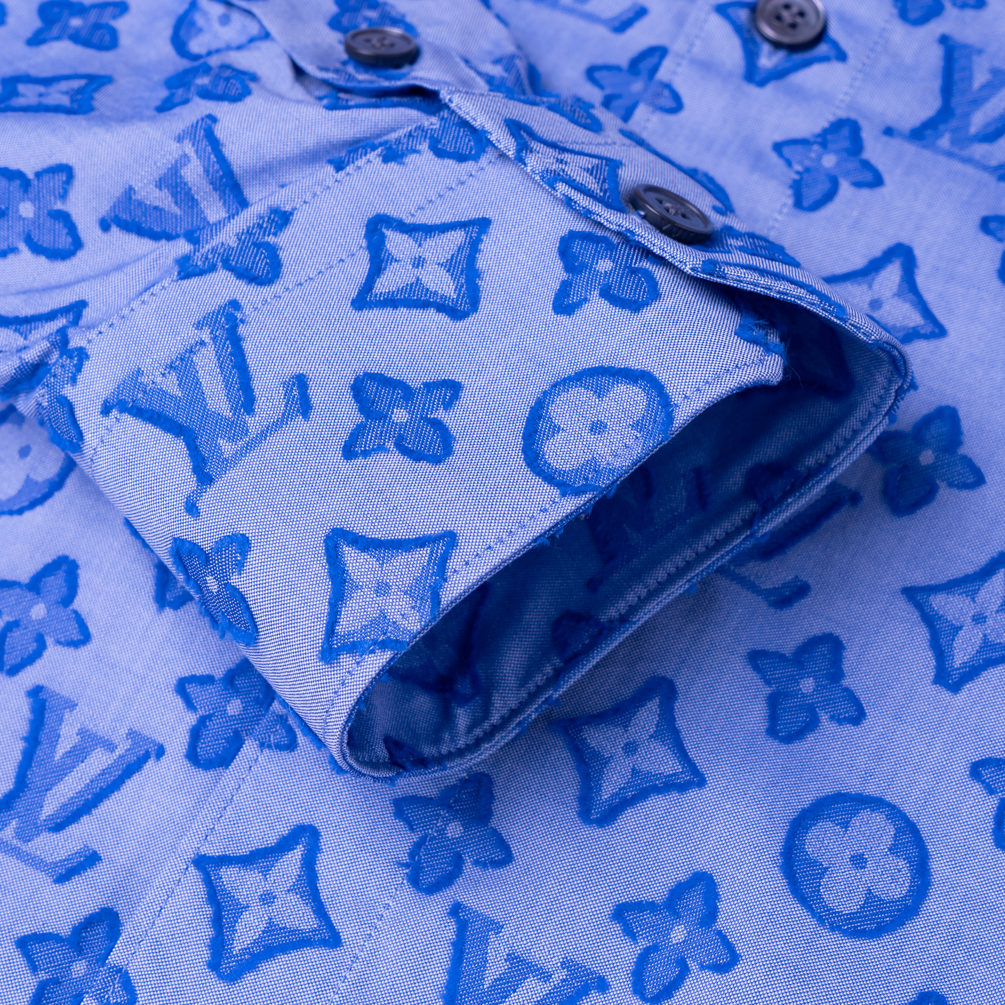 Cheap Camisa de Manga Larga Louis Vuitton Azul con Logo Monograma. 1A8XDL