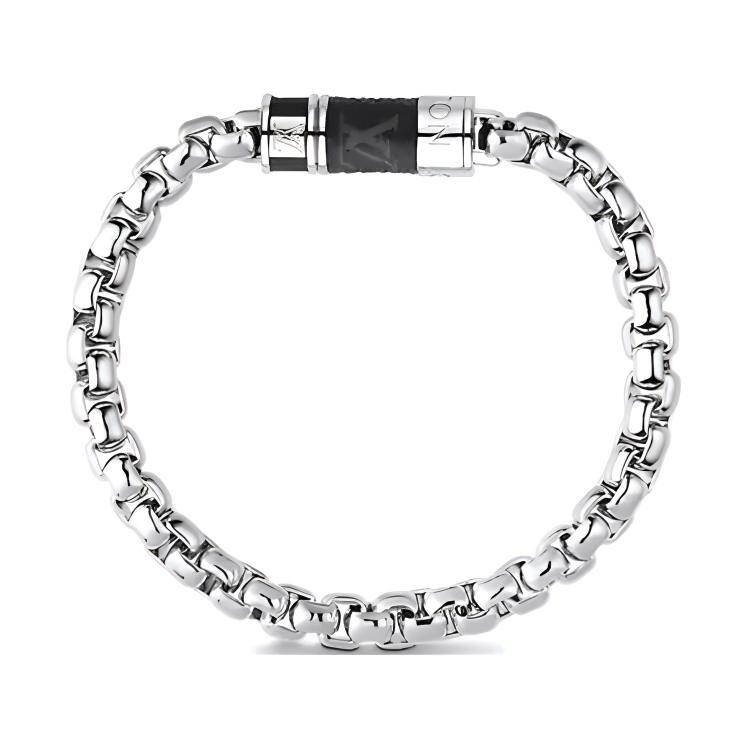 LOUIS VUITTON Canvas Clasp Cuban Chain Brass Bracelet Silver for Men M62592